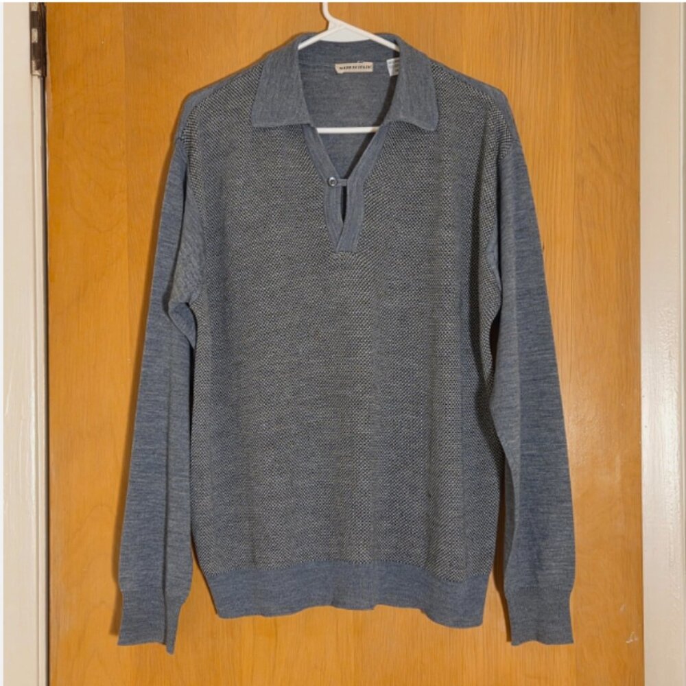 Made In Italy Pullover Collared Sweater Mens M Wool Blend Blue Colorblock Check